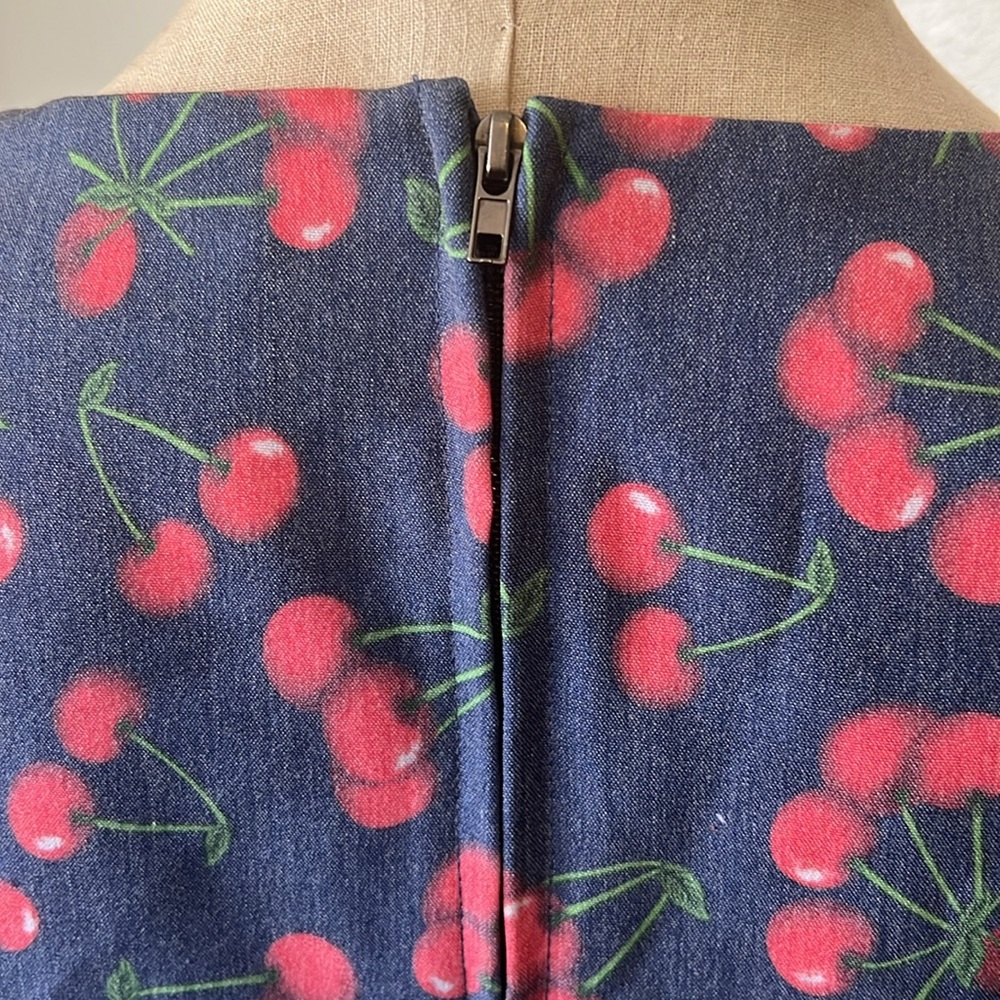 Bettie Page Las Vegas Blue Dress w Cherry Print and Pink Ribbons — Sz S - Picture 7 of 10